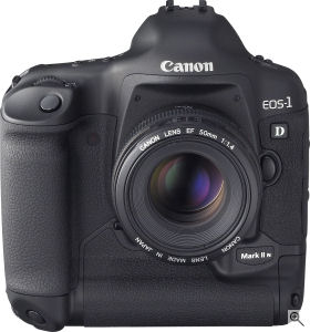 Canon's EOS-1D Mark II N digital SLR. Courtesy of Canon, with modifications by Michael R. Tomkins. Click for a bigger picture!