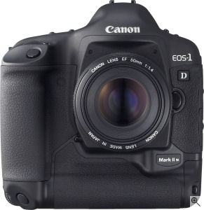Canon's EOS-1D Mark II N digital SLR. Courtesy of Canon, with modifications by Michael R. Tomkins. Click for a bigger picture!