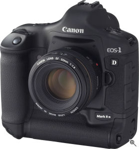Canon's EOS-1D Mark II N digital SLR. Courtesy of Canon, with modifications by Michael R. Tomkins. Click for a bigger picture!