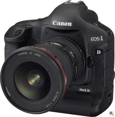 Canon's EOS-1D Mark III digital SLR. Courtesy of Canon, with modifications by Michael R. Tomkins. Click for a bigger picture!