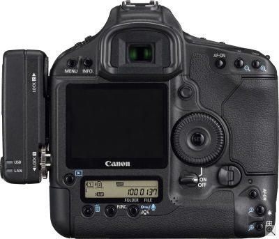 Canon's EOS-1D Mark III digital SLR. Courtesy of Canon, with modifications by Michael R. Tomkins. Click for a bigger picture!