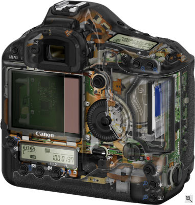 Canon's EOS-1D Mark III digital SLR. Courtesy of Canon, with modifications by Michael R. Tomkins. Click for a bigger picture!