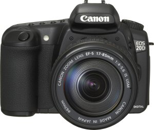 Canon's EOS-20D digital SLR. Courtesy of Canon, with modifications by Michael R. Tomkins. Click for a bigger picture!