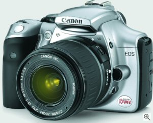 Canon's EOS 300D digital SLR. Courtesy of Canon, with modifications by Michael R. Tomkins. Click for a bigger picture!