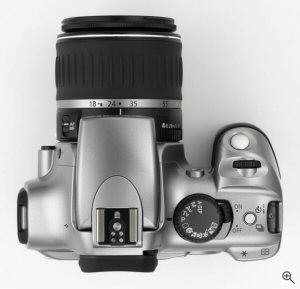 Canon's EOS 300D digital SLR. Courtesy of Canon, with modifications by Michael R. Tomkins. Click for a bigger picture!