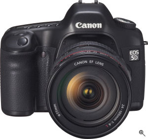 Canon's EOS 5D digital SLR. Courtesy of Canon, with modifications by Michael R. Tomkins. Click for a bigger picture!
