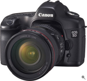 Canon's EOS 5D digital SLR. Courtesy of Canon, with modifications by Michael R. Tomkins. Click for a bigger picture!
