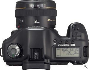 Canon's EOS 5D digital SLR. Courtesy of Canon, with modifications by Michael R. Tomkins. Click for a bigger picture!