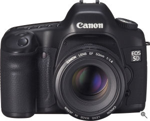 Canon's EOS 5D digital SLR. Courtesy of Canon, with modifications by Michael R. Tomkins. Click for a bigger picture!
