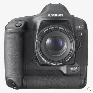 Canon's EOS-1D Mark II digital camera. Courtesy of Canon, with modifications by Michael R. Tomkins. Click for a bigger picture!