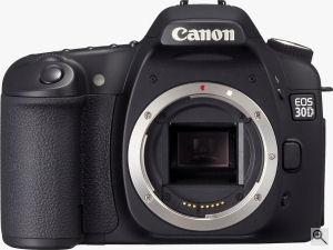 Canon's EOS 30D digital SLR. Courtesy of Canon, with modifications by Michael R. Tomkins. Click for a bigger picture!