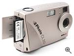 Agfa's ePhoto CL30 digital camera, front right quarter view with flash card visible. Courtesy of Agfa - click for a bigger picture!