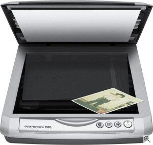 Epson's Perfection 1670 flatbed scanner. Courtesy of Epson, with modifications by Michael R. Tomkins. Click for a bigger picture!