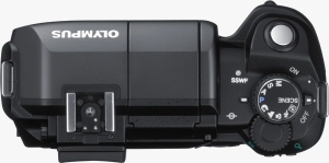 Olympus' EVOLT E-300 digital SLR. Courtesy of Olympus, with modifications by Michael R. Tomkins. Click for a bigger picture!