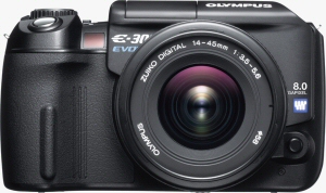 Olympus' EVOLT E-300 digital SLR. Courtesy of Olympus, with modifications by Michael R. Tomkins. Click for a bigger picture!