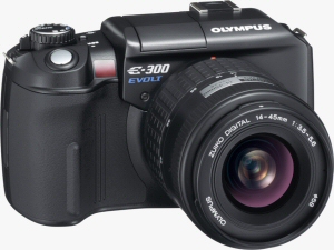 Olympus' EVOLT E-300 digital SLR. Courtesy of Olympus, with modifications by Michael R. Tomkins. Click for a bigger picture!