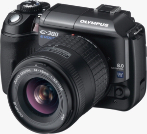 Olympus' EVOLT E-300 digital SLR. Courtesy of Olympus, with modifications by Michael R. Tomkins. Click for a bigger picture!