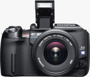 Olympus' EVOLT E-300 digital SLR. Courtesy of Olympus, with modifications by Michael R. Tomkins. Click for a bigger picture!