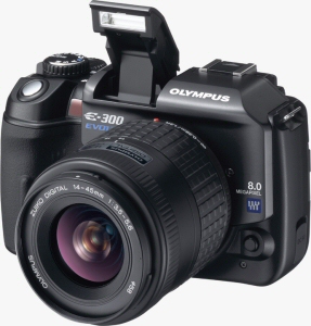 Olympus' EVOLT E-300 digital SLR. Courtesy of Olympus, with modifications by Michael R. Tomkins. Click for a bigger picture!