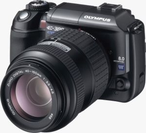 Olympus' EVOLT E-300 digital SLR. Courtesy of Olympus, with modifications by Michael R. Tomkins. Click for a bigger picture!