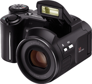 Casio's EXILIM EX-P505 digital camera. Courtesy of Casio, with modifications by Michael R. Tomkins. Click for a bigger picture!