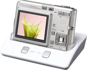 Casio's EXILIM EX-S100 digital camera. Courtesy of Casio, with modifications by Michael R. Tomkins. Click for a bigger picture!