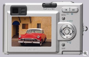 Casio's Exilim Zoom EX-Z3 digital camera. Courtesy of Casio, with modifications by Michael R. Tomkins. Click for a bigger picture!