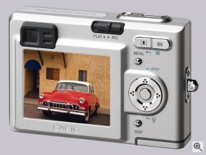 Casio's Exilim Zoom EX-Z3 digital camera. Courtesy of Casio, with modifications by Michael R. Tomkins. Click for a bigger picture!