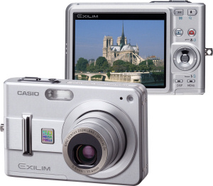 Casio's EXILIM ZOOM EX-Z57 digital camera. Courtesy of Casio, with modifications by Michael R. Tomkins. Click for a bigger picture!