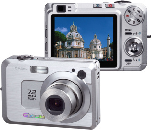 Casio's EXILIM ZOOM EX-Z750 digital camera. Courtesy of Casio, with modifications by Michael R. Tomkins. Click for a bigger picture!