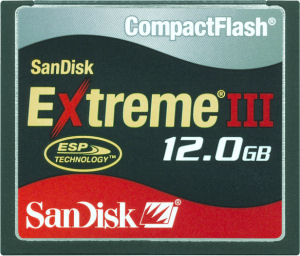 SanDisk's Extreme III 12GB CompactFlash card. Courtesy of SanDisk, with modifications by Michael R. Tomkins. Click for a bigger picture!