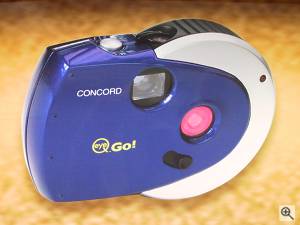 Concord's Eye-Q Go! digital camera, front left quarter view. Courtesy of Concord Camera Corp. Click for a bigger picture!