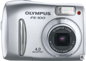 Olympus' FE-100 digital camera. Courtesy of Olympus, with modifications by Michael R. Tomkins. Click for a bigger picture!