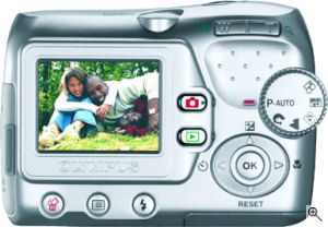 Olympus' FE-100 digital camera. Courtesy of Olympus, with modifications by Michael R. Tomkins. Click for a bigger picture!