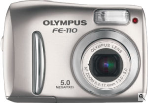 Olympus' FE-110 digital camera. Courtesy of Olympus, with modifications by Michael R. Tomkins. Click for a bigger picture!