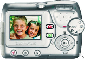 Olympus' FE-110 digital camera. Courtesy of Olympus, with modifications by Michael R. Tomkins. Click for a bigger picture!