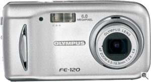 Olympus' FE-120 digital camera. Courtesy of Olympus, with modifications by Michael R. Tomkins. Click for a bigger picture!