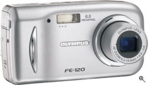 Olympus' FE-120 digital camera. Courtesy of Olympus, with modifications by Michael R. Tomkins. Click for a bigger picture!