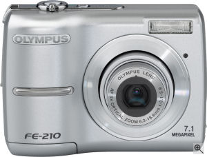 Olympus' FE-210 digital camera. Courtesy of Olympus, with modifications by Michael R. Tomkins. Click for a bigger picture!