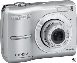 Olympus' FE-210 digital camera. Courtesy of Olympus, with modifications by Michael R. Tomkins. Click for a bigger picture!