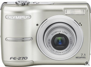 Olympus' FE-270 digital camera. Courtesy of Olympus, with modifications by Michael R. Tomkins. Click for a bigger picture!