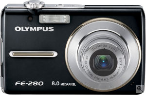 Olympus' FE-280 digital camera. Courtesy of Olympus, with modifications by Michael R. Tomkins. Click for a bigger picture!