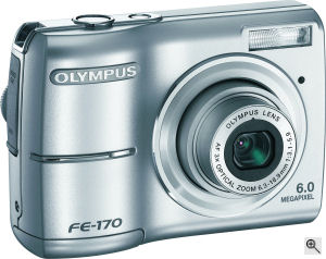 Olympus' FE-170 digital camera. Courtesy of Olympus, with modifications by Michael R. Tomkins. Click for a bigger picture!