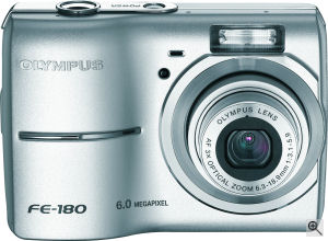 Olympus' FE-180 digital camera. Courtesy of Olympus, with modifications by Michael R. Tomkins. Click for a bigger picture!