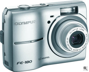 Olympus' FE-180 digital camera. Courtesy of Olympus, with modifications by Michael R. Tomkins. Click for a bigger picture!