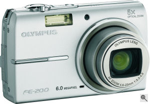 Olympus' FE-200 digital camera. Courtesy of Olympus, with modifications by Michael R. Tomkins. Click for a bigger picture!