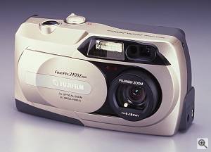 Fuji's FinePix 2400 ZOOM digital camera, front left quarter view. Courtesy of Fuji Photo Film U.S.A. Inc. - click for a bigger picture!