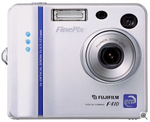 Fuji's FinePix F410 digital camera. Courtesy of Fuji, with modifications by Michael R. Tomkins. Click for a bigger picture!