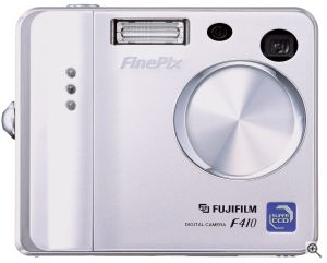 Fuji's FinePix F410 digital camera. Courtesy of Fuji, with modifications by Michael R. Tomkins. Click for a bigger picture!