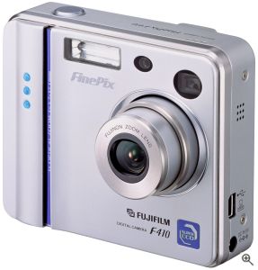 Fuji's FinePix F410 digital camera. Courtesy of Fuji, with modifications by Michael R. Tomkins. Click for a bigger picture!